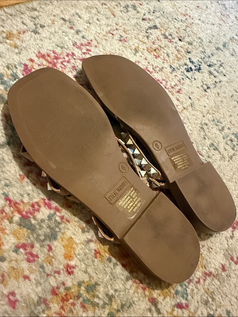 Hardly Worn Steve Madden Tan Studded Triple-Strap Slide Sandals - Picture 5 of 7